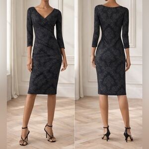 Chiara Boni Luiza Black Silver Damask Sheath Faux Wrap Dress
